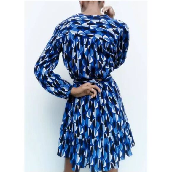 Zara Geometric Print Long Sleeve Mini Dress Size Small - Picture 3 of 9